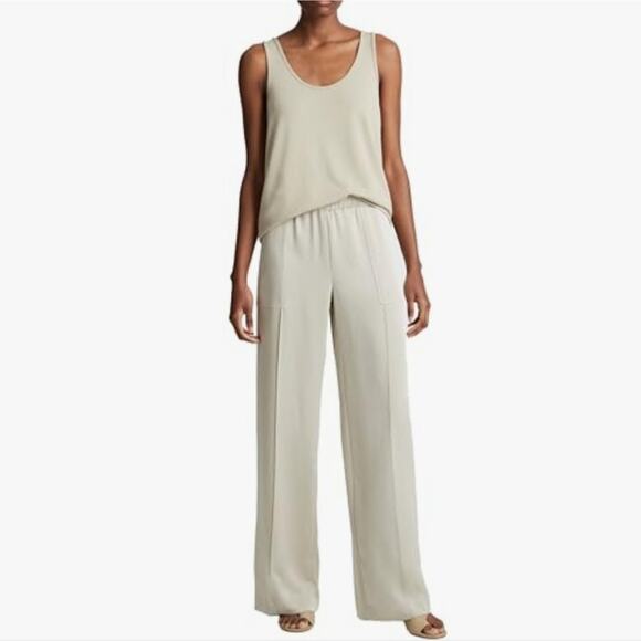 NEW Vince Satin Zipper Pocket Pleated Wide Leg Pull On Cream Women's Pants - Picture 3 of 15